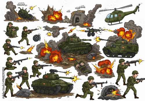 Soldiers and military vehicles engage in combat with explosions in a war zone scenario.