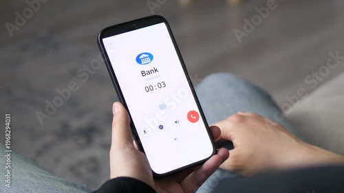 Man calling bank customer support on smartphone. Real-time timer speeds up rapidly, showing long wait periods. Perfect for fintech ads, banking services, and financial stress themes. High-quality UI