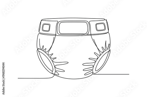 Infant Nappy. Minimalistic one-line drawing baby diaper with fold and closure details, continuous single black line on white background, simple outline style,
