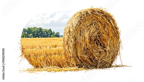 A large, round bale of hay sits in a field. The scene is framed by an oval cutout, revealing a landscape of fields and trees