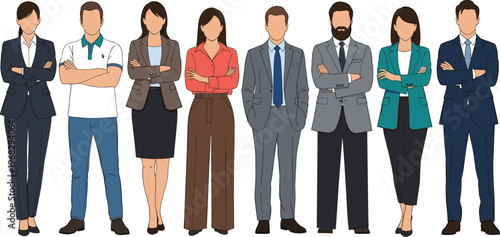 Confident business people standing with crossed arms, professional team illustration, corporate leadership concept, diverse employees, modern office style, flat design