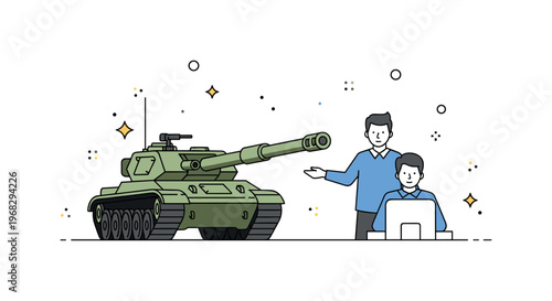 Tanks heavy artillery focus scene where a tank barrel is prominent while tiny sparkle and star icons highlight power, precision, and mechanized strength. The