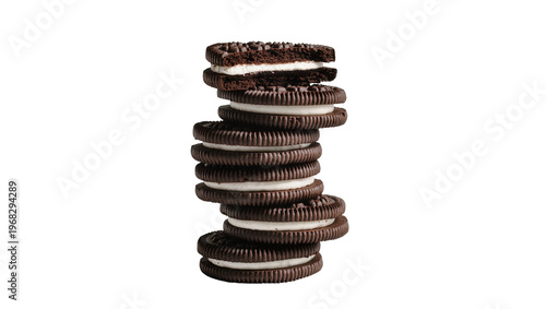 Foto Stacked chocolate Oreo cookies with creamy vanilla filling, perfectly arranged i