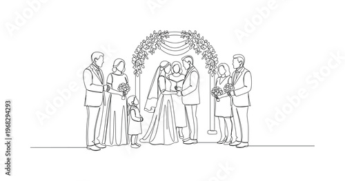 Family Wedding Scene. Minimalistic one-line drawing adults and children interacting near decorated ceremony space, continuous single black line on white