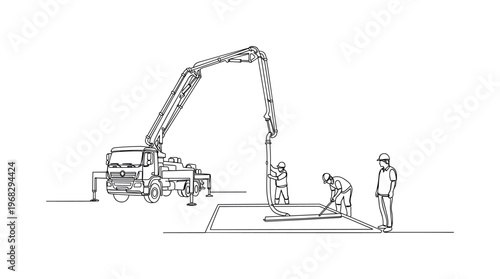 Site Concrete Work. Minimalistic one-line drawing workers pouring concrete from pump with careful guidance, continuous single black line on white background,
