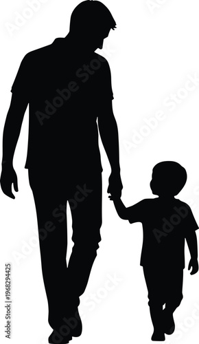 Father and child walking silhouette, parent holding kid hand, family bonding concept, black shadow illustration, love, care, parenting, isolated design