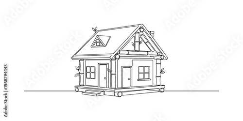 Sustainable Materials Architecture. Minimalistic one-line drawing house built with renewable and eco-friendly materials like wood and bamboo, continuous single