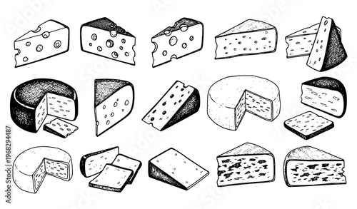 Vintage cheese sketch set hand drawn ink wedges blocks dairy vector illustration