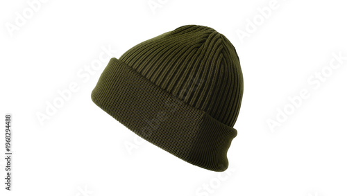 Tableau sur toile Dark olive green knitted beanie hat with folded brim, showcasing a classic winte