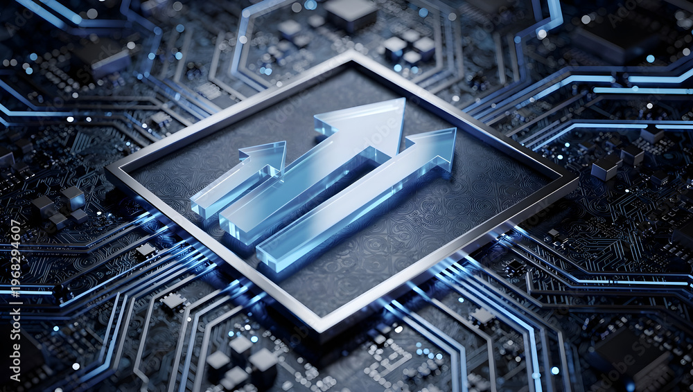 Fototapeta premium Digital upload arrow on processor chip with circuit board background, data transfer, cloud computing and advanced technology network concept