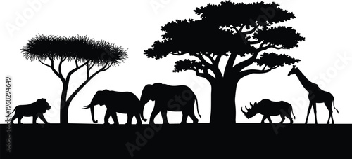African savanna wildlife silhouettes, safari animal illustration, nature ecosystem design, biodiversity graphic, flat vector