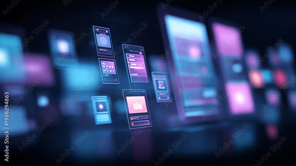Fototapeta premium Floating digital interface screens in abstract neon technology environment
