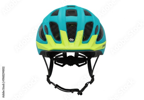 A bright turquoise and neon yellow bicycle helmet with protective mesh vents, isolated on white background