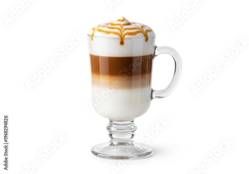A layered caramel macchiato coffee drink in a glass mug with whipped foam and caramel drizzle, isolated on white background