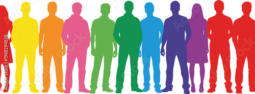 Colorful people silhouettes group, diverse community concept, human figures in vibrant colors, social diversity, modern flat design, unity, inclusion illustration