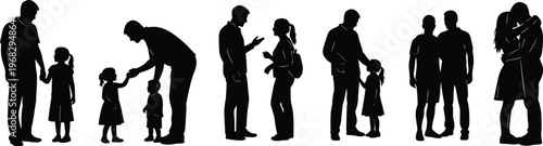 Family interaction silhouettes set, parents and children moments, social relationships concept, love and care, black shadow figures, parenting, daily life