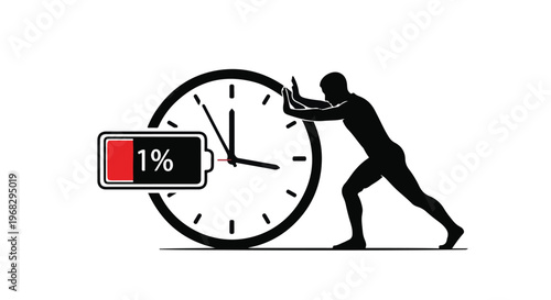 man pushing clock with low battery concept