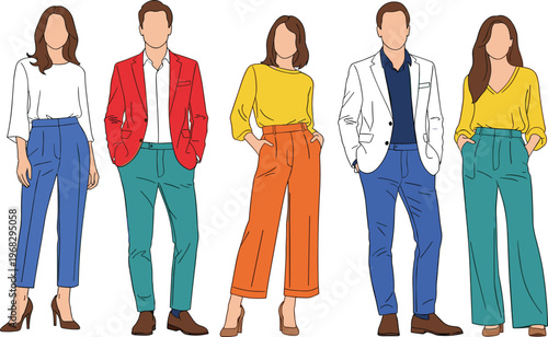 Stylish people fashion illustration, modern men and women outfits, casual trendy clothing, urban lifestyle concept, colorful flat design, contemporary style