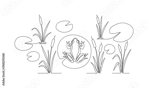 Floating Frog. Minimalistic one-line drawing frog on lily pad in pond with surrounding vegetation, continuous single black line on white background, simple