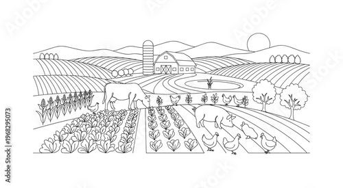 Regenerative Farm. Minimalistic one-line drawing diversified agriculture with multiple crops and animals, continuous single black line on white background,