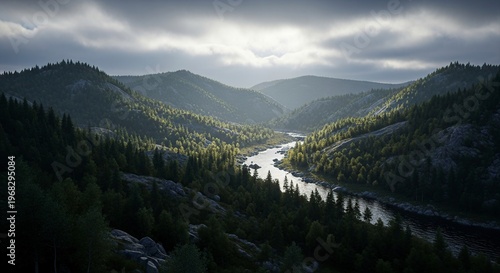 Majestic Mountain River Valley Landscape Under Dramatic Sky.