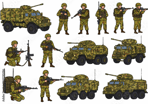 Soldiers in camouflage gear operate military vehicles and hold guns in a tactical formation on a field