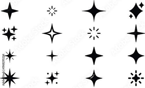 Sparkle star icon set with elegant twinkle, shine and glitter symbols in bold black style for festive overlays, beauty branding, invitations, social media graphics and decorative design accents