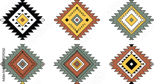 Set of Six Geometric Native American Style Vector Diamond Symbols with Tribal Ethnic Patterns and Earth Tone Colors Isolated on White Background
