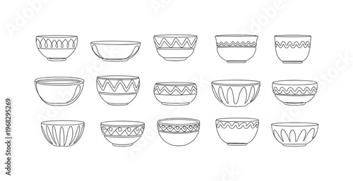 Bowls and Pots. Minimalistic one-line drawing collection of decorative ceramic items arranged neatly, continuous single black line on white background, simple