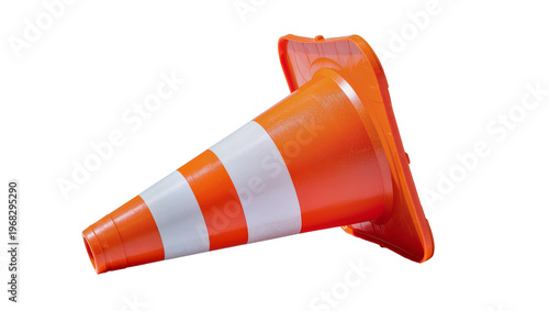 Tableau sur toile Bright orange plastic traffic cone with reflective silver stripes, isolated on t