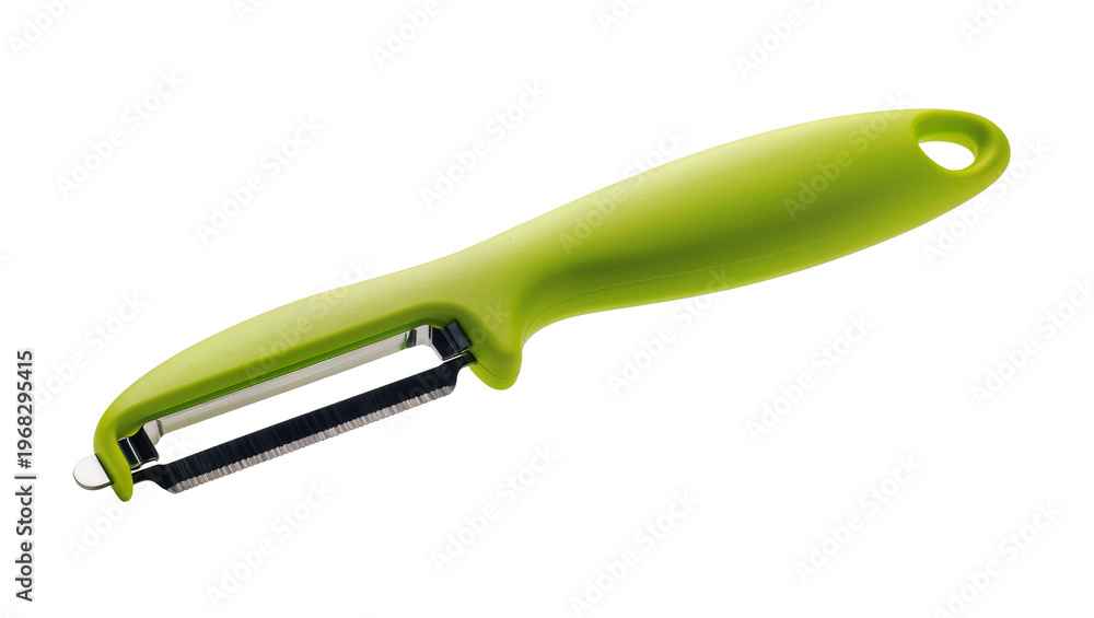 Obraz premium Ergonomic green plastic handled vegetable peeler with a stainless steel blade, isolated on transparent background for culinary design elements