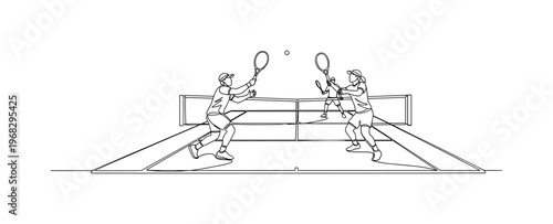 Tennis Match. Minimalistic one-line drawing two players on court exchanging strokes, continuous single black line on white background, simple outline style, no