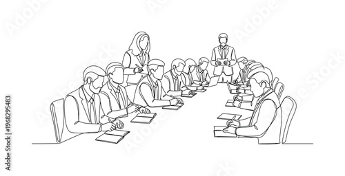 Global Conference. Minimalistic one-line drawing multiple delegates discussing and taking notes, continuous single black line on white background, simple