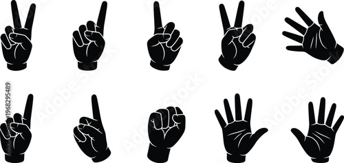Counting hand gesture silhouettes, sign language illustration, finger number design, communication graphic, flat vector