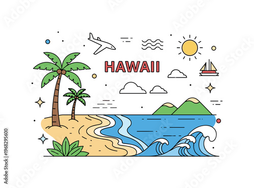 America Hawaii tropical scene where beaches, palm trees, and ocean waves appear while small sparkle and wave icons emphasize relaxation, adventure, and scenic