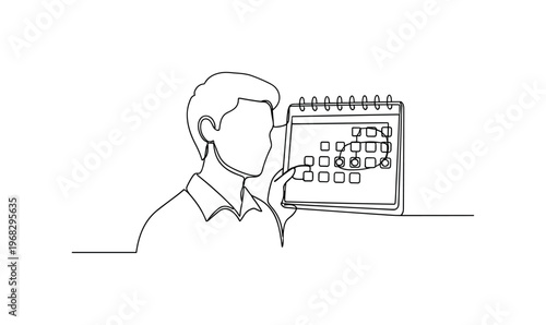 Subscription Concept. Minimalistic one-line drawing person observing calendar with recurring payments highlighted, continuous single black line on white