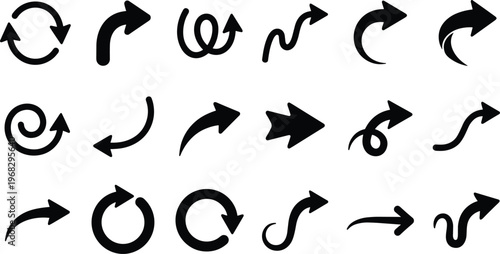 Curved arrow icon set with black directional, circular and turning arrows in clean bold style for navigation, infographics, workflow charts, presentations, web design and graphic layouts