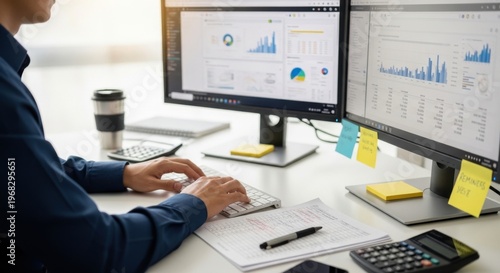 Professional data analyst working on financial charts and stock market trends at multi-monitor office workstation