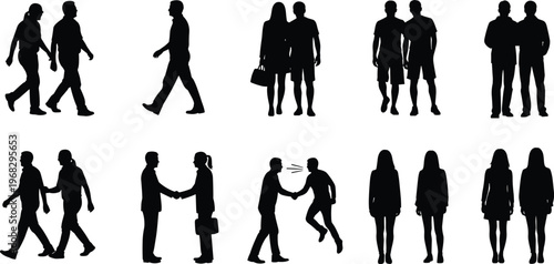 People silhouettes interaction set, walking talking handshake scenes, social communication concept, human figures collection, black shadow illustration, isolated design, lifestyle