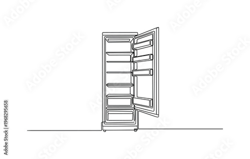 Fridge Display. Minimalistic one-line drawing refrigerator with shelves visible inside, continuous single black line on white background, simple outline style,
