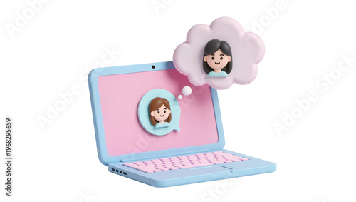 Blue laptop computer displaying a smiling cartoon avatar with a floating cartoon head in a pink cloud, isolated on transparent background for digital concepts
