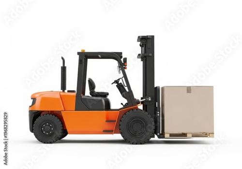A side view of an orange forklift carrying a wooden pallet with a cardboard box isolated on white background