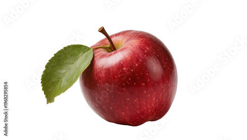 Tableau sur toile Ripe crimson apple with a short brown stem and vibrant green leaf, isolated on t