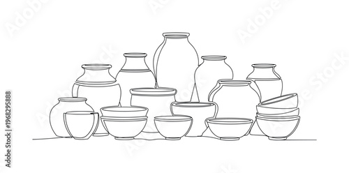Decorative Arrangement. Minimalistic one-line drawing ceramic pots and bowls artistically arranged, continuous single black line on white background, simple