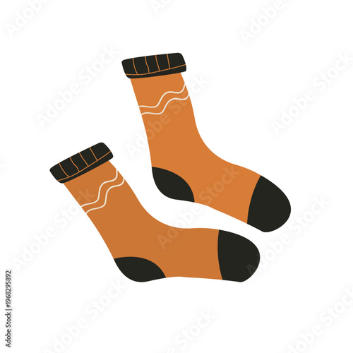Pair of cozy orange knitted socks with brown heels and toes, simple flat vector illustration of autumn clothing isolated on white, perfect for seasonal greeting cards cozy social media posts, stickers
