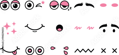 Cute facial expression icon set with eyes, smiles, blush, sleepy faces and playful emotion details in pastel style for stickers, characters, kids design, social media and fun decorative layouts