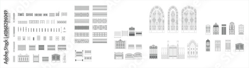 Gate fence collection set featuring modern, classic, wrought iron and wooden entrance designs, clean CAD-style vector illustration isolated on white background. EPS 10.