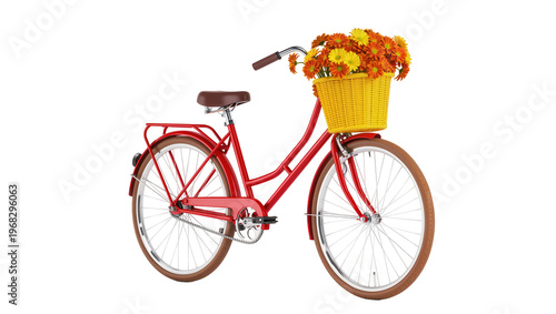 Fotografía Vintage red bicycle with classic curved handlebars featuring a wicker basket ove