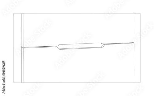 Seamless Handles. Minimalistic one-line drawing drawer fronts with flush handle integration, continuous single black line on white background, simple outline