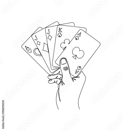 Poker Hand. Minimalistic one-line drawing set of playing cards held in hand with visible suits, continuous single black line on white background, simple